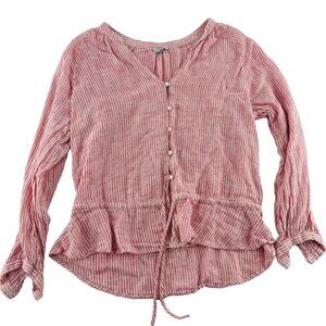 Rails Red & White Striped V-Neck Button-Down Blouse Medium Linen/Rayon
